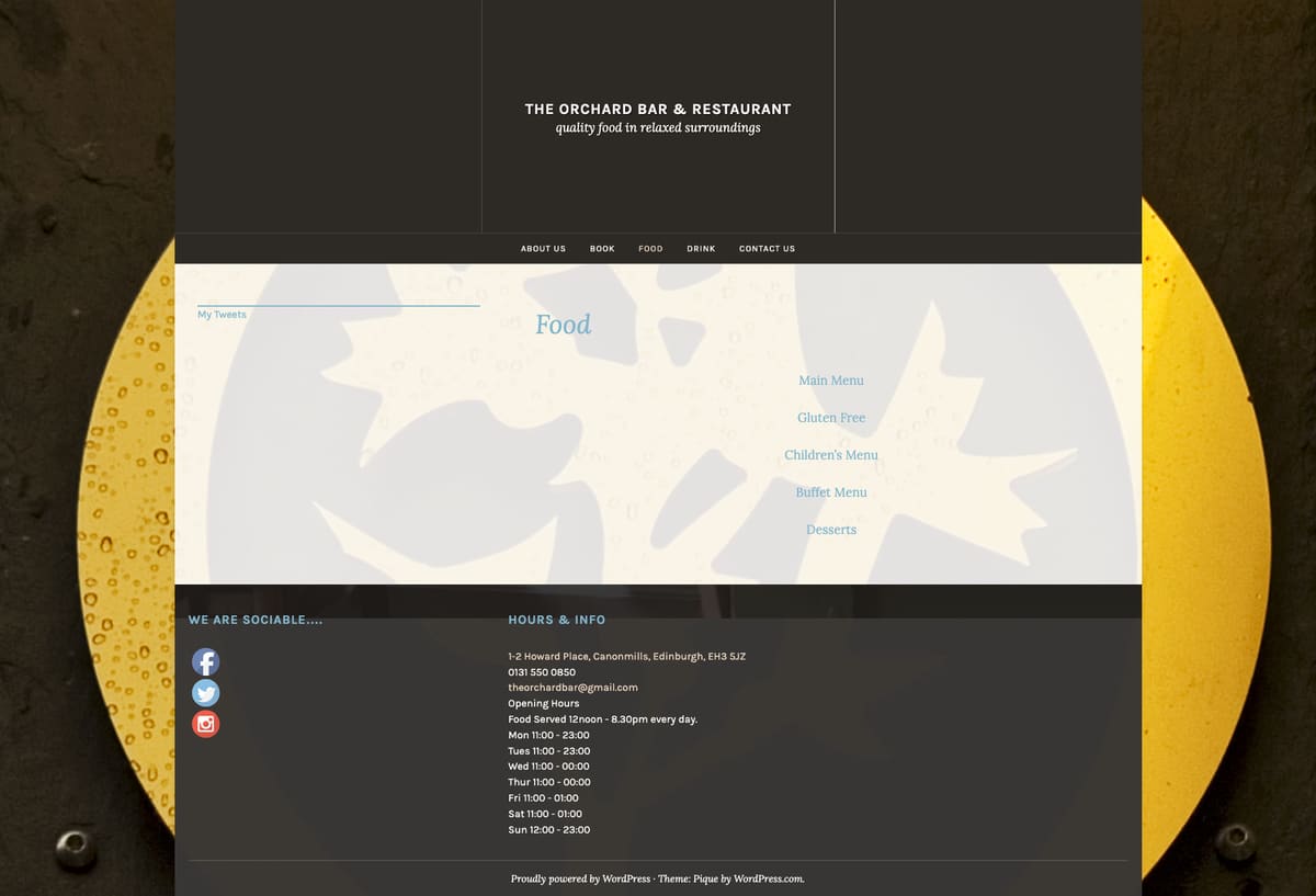 The old site's Food page in 2019, showing five plain text links reading Main Menu, Gluten Free, Children's Menu, Buffet Menu and Desserts with no prices or dish names