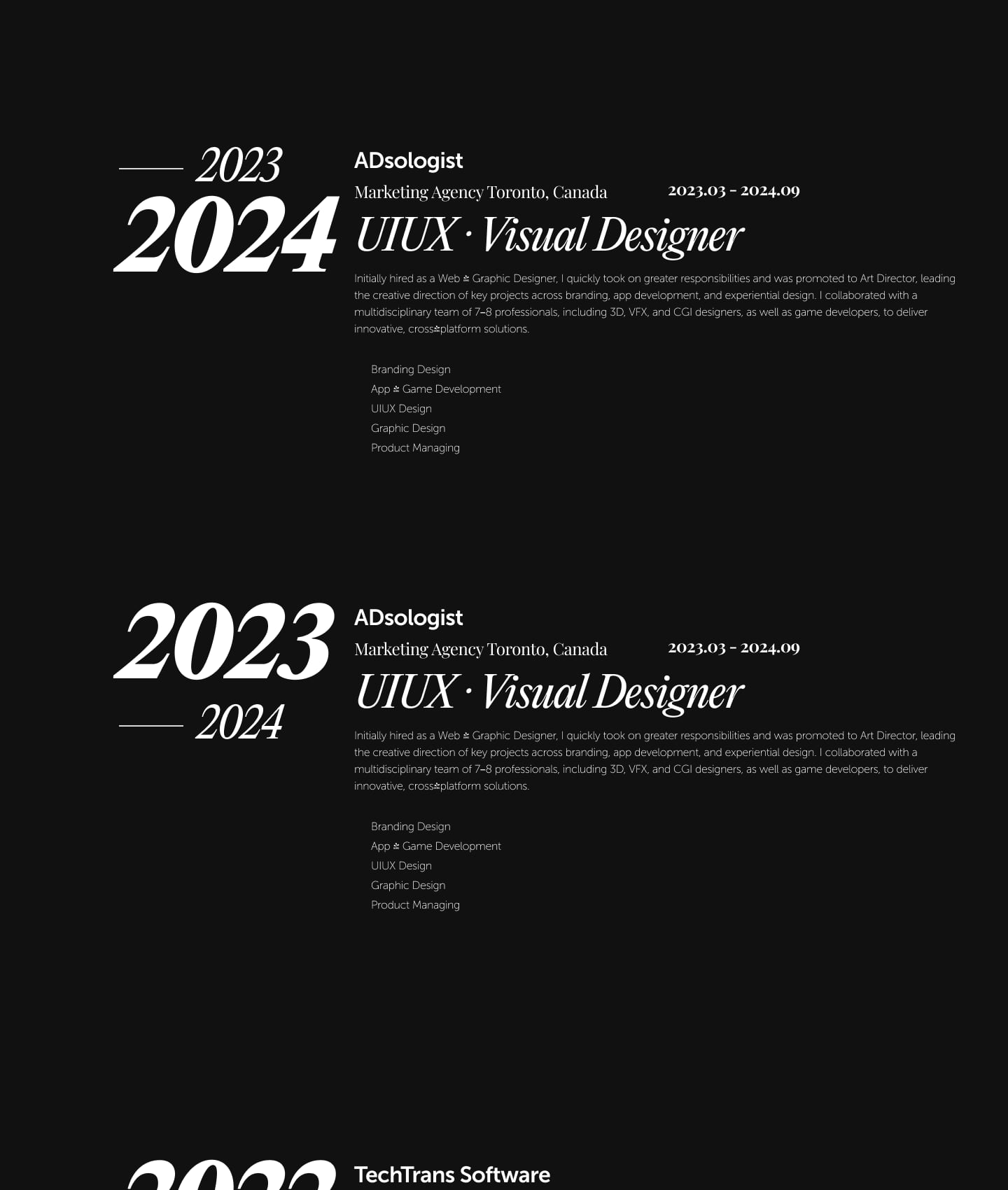 The career archive as a single Figma frame: year blocks for 2024, 2023 and 2022 stacked one under another down a tall dark column, each with a large serif year, an employer, a job title and a description