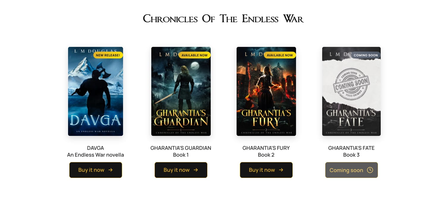 Four book covers in a row: Davga, Gharantia's Guardian, Gharantia's Fury and Gharantia's Fate, each with a status badge reading New release, Available now or Coming soon