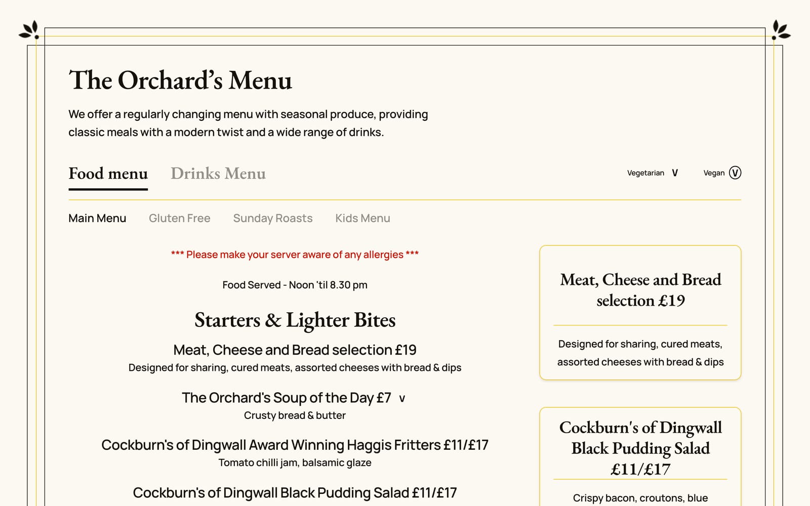 The rebuilt menu on desktop: Food and Drinks tabs above sub-menu switchers for Main Menu, Gluten Free, Sunday Roasts and Kids Menu, a vegetarian and vegan legend, dishes with prices and descriptions, and featured dish cards down the right