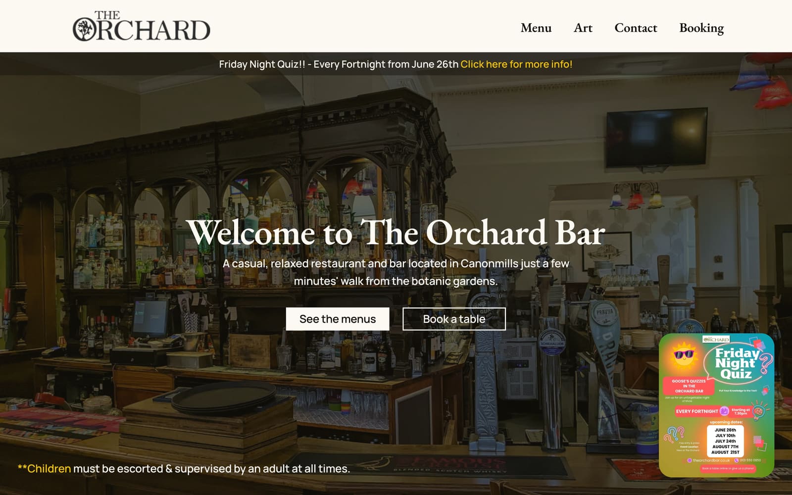 The Orchard Bar website in 2026: a full-width photograph of the bar behind the heading Welcome to The Orchard Bar, with See the menus and Book a table buttons