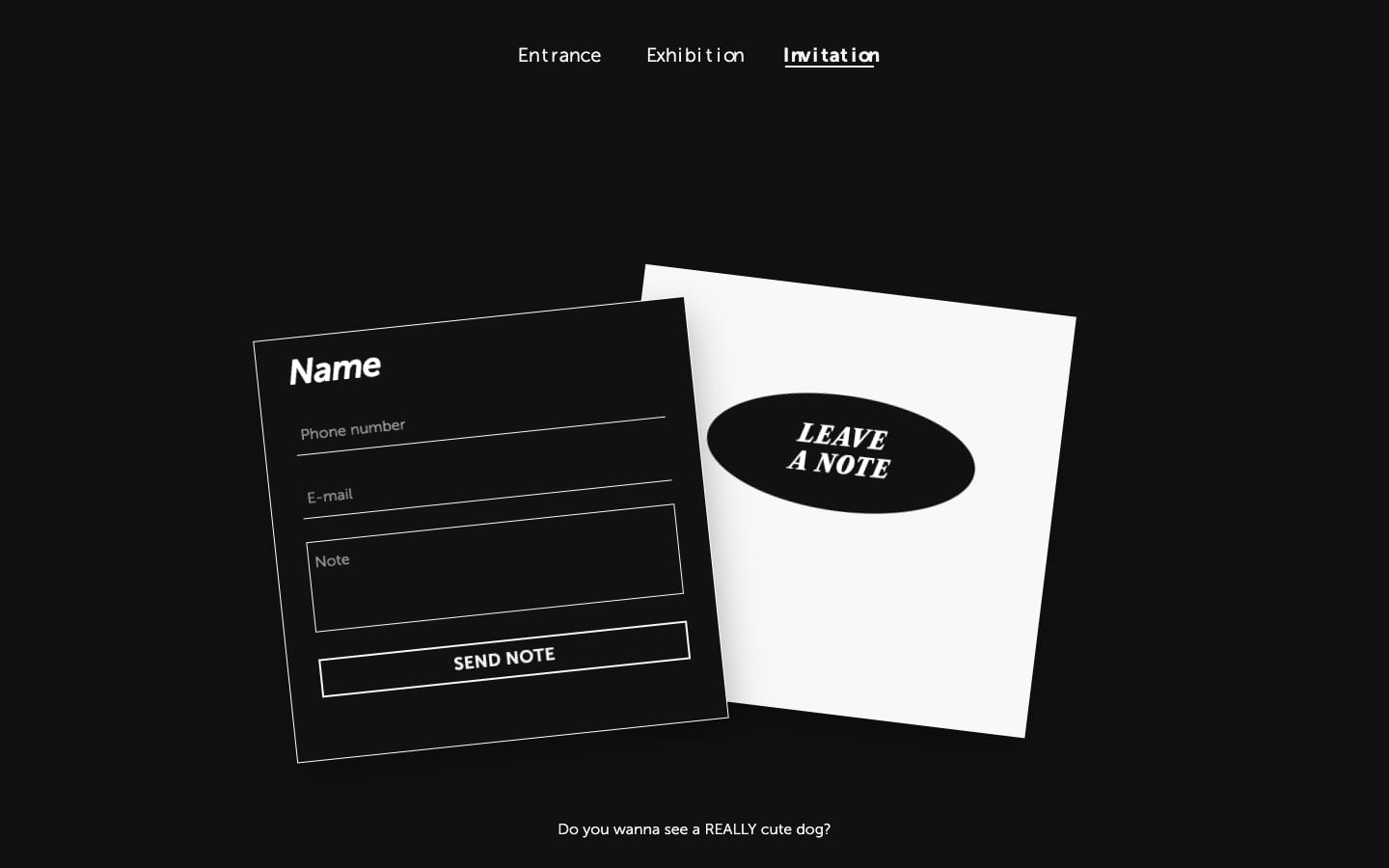 The contact page: two cards dropped at slight opposing angles on a near black ground, a dark form card headed Name with phone, email and note fields above a Send Note button, and a bone white card behind it carrying Leave a Note in an oval