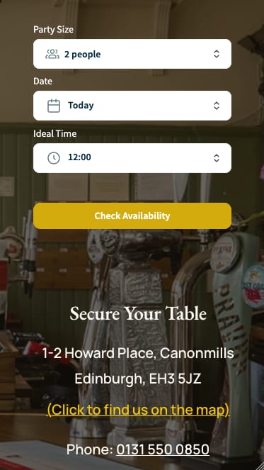 The booking section of the rebuilt site on a phone: the TableSense widget with Party Size, Date and Ideal Time dropdowns above a Check Availability button, over a photograph of the bar, with the Howard Place address and phone number below