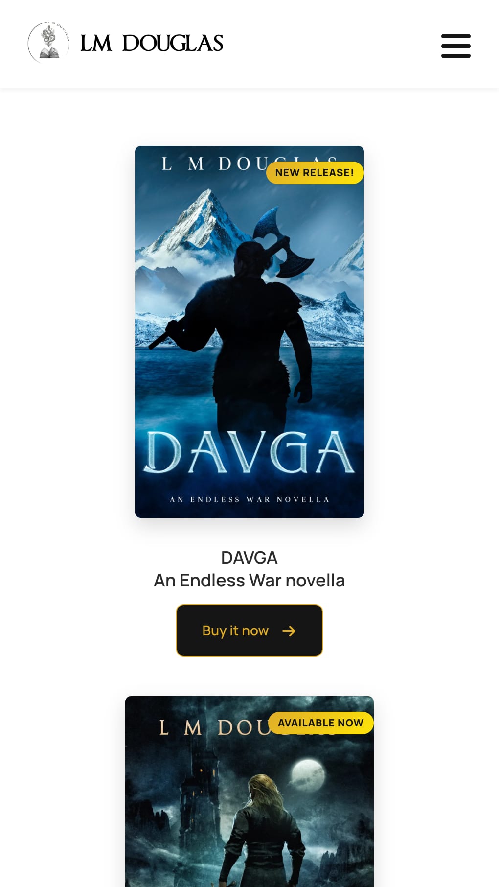 The Chronicles showcase on a phone: book cover cards stacked one per row, each with a status badge, the title, its place in the series and a Buy it now button