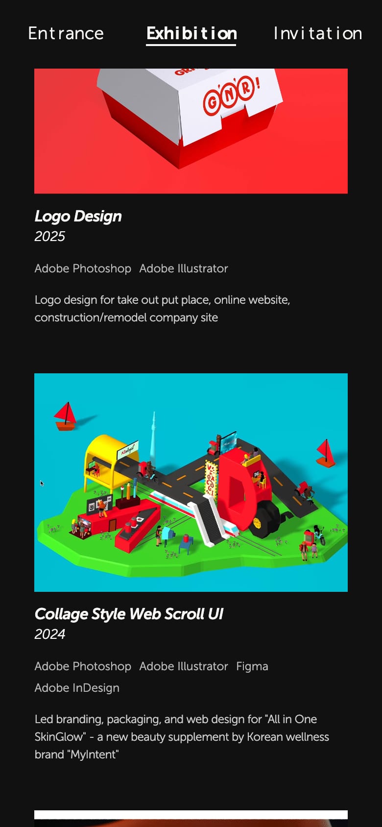 The project grid on a phone: a photograph of red and white takeaway packaging above the title Logo Design, the year 2025, the tools used and a short description, with the next project beginning below