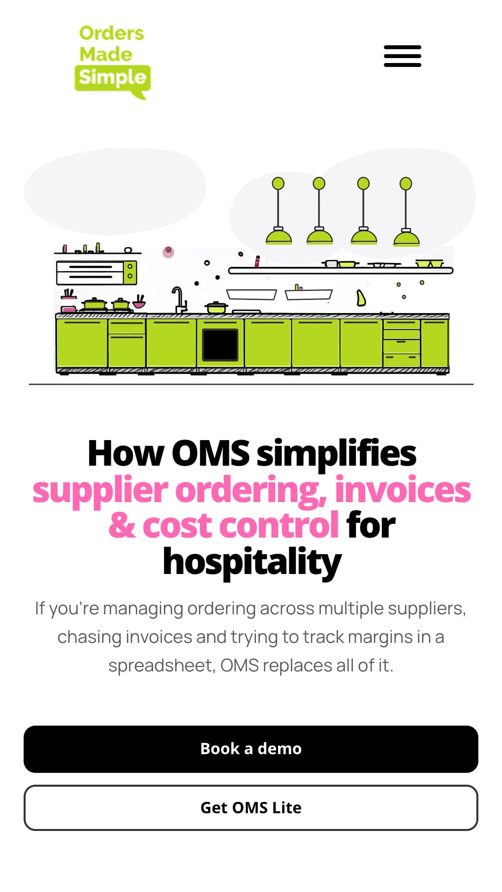 The How it Works page on a phone: the heading How OMS simplifies supplier ordering, invoices and cost control for hospitality, two buttons, and a line-drawn illustration of a commercial kitchen in the brand's lime green