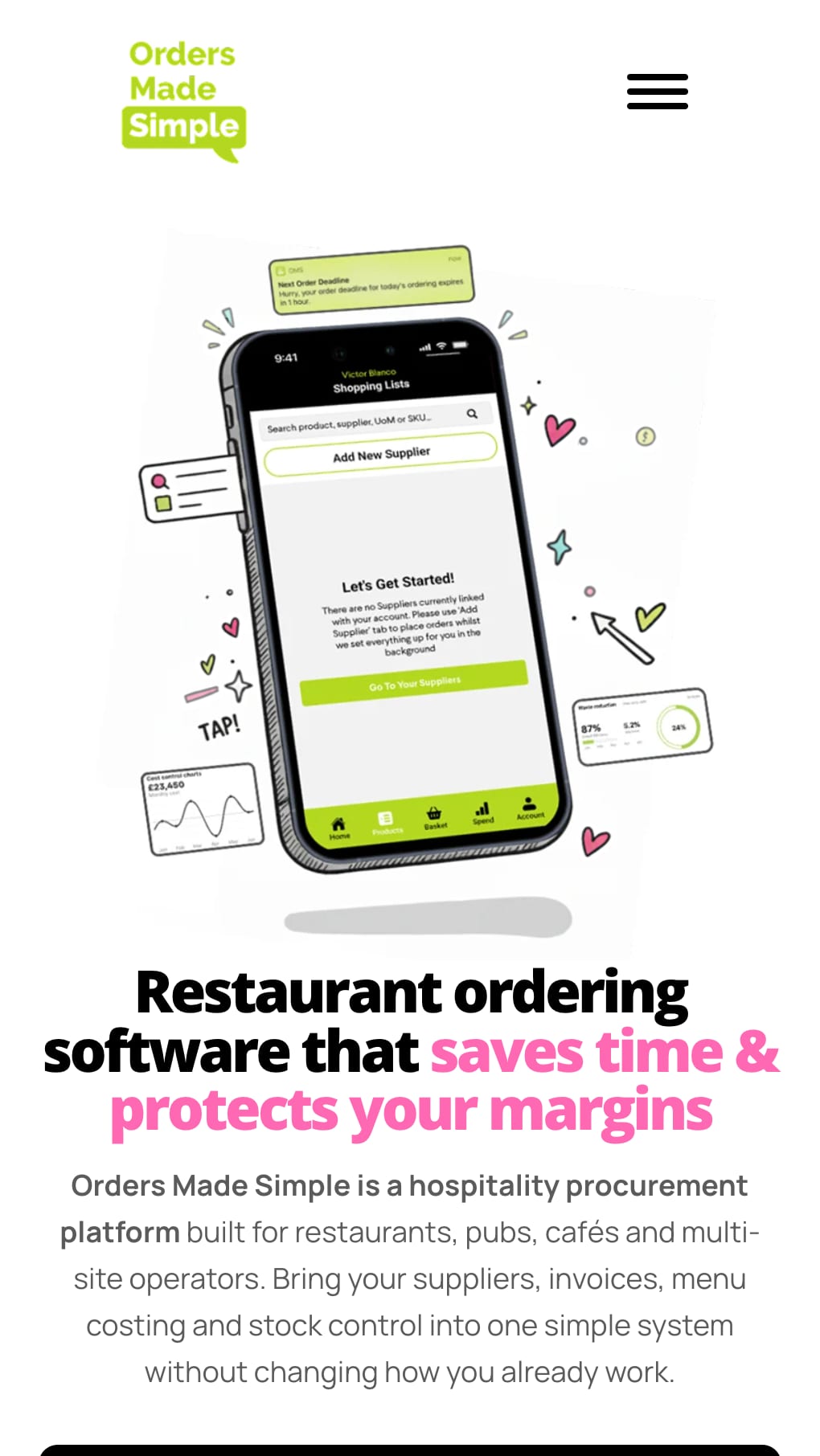 The rebuilt homepage on a phone: an illustrated handset running the OMS app above the headline Restaurant ordering software that saves time and protects your margins, a short explainer, and Book a demo and Get OMS Lite buttons