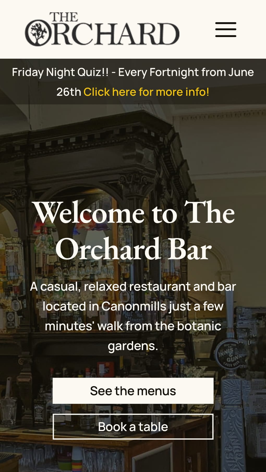 The rebuilt site on a phone: the bar photograph fills the screen behind the Welcome to The Orchard Bar heading, with See the menus and Book a table buttons stacked below