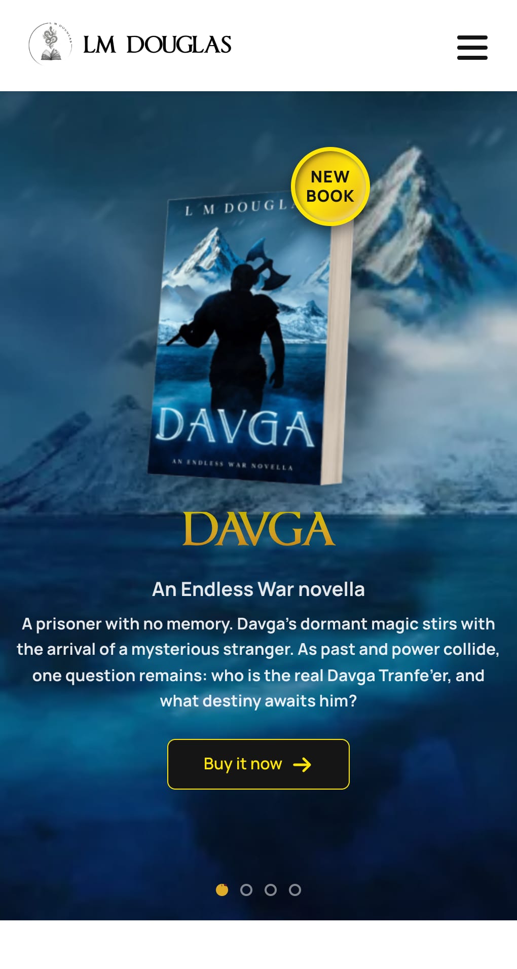 The 2026 Vue site on a phone: a full-bleed slide for the novella Davga with its blurb and a Buy it now button, and carousel dots below