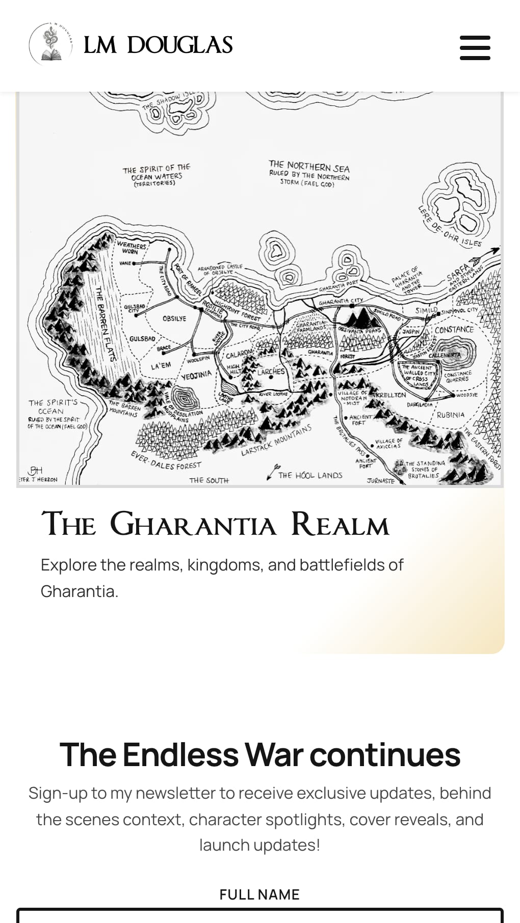 The interactive map on a phone: a hand-drawn map of the realm of Gharantia with gold markers over its cities and seas, under the heading The Gharantia Realm