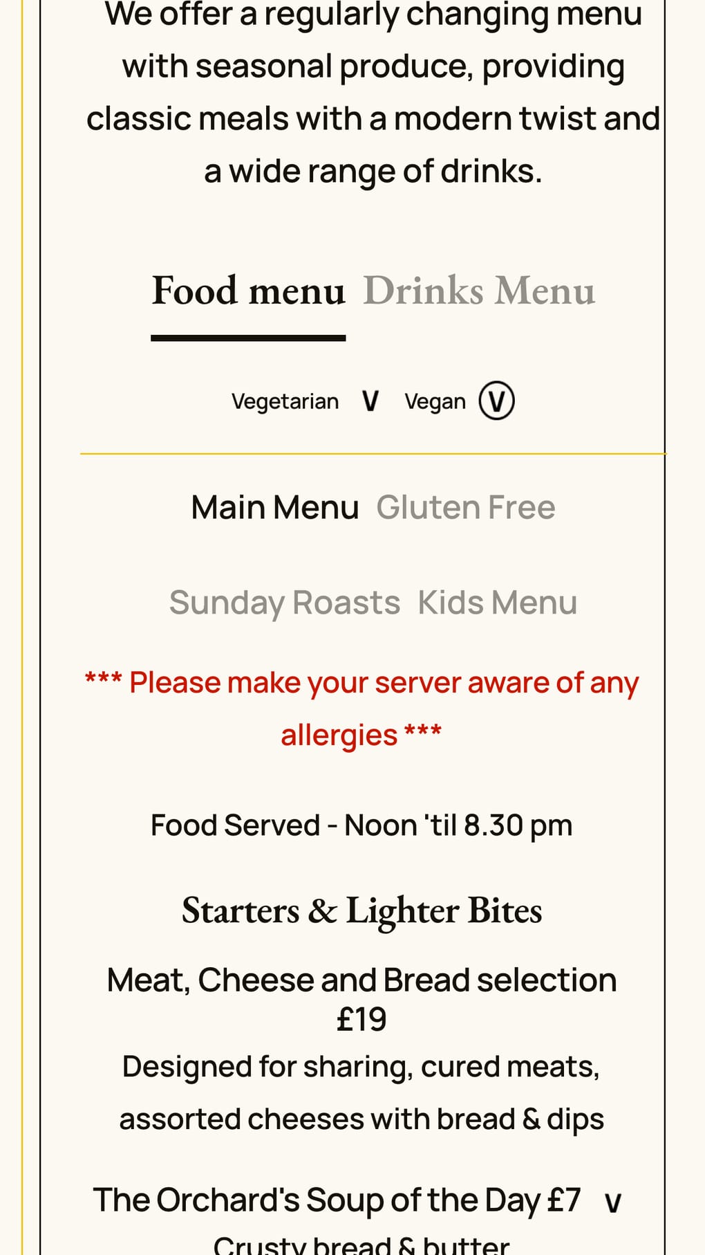 The rebuilt menu on a phone: Food and Drinks tabs, sub-menu switchers, a vegetarian and vegan legend, and dishes listed with prices