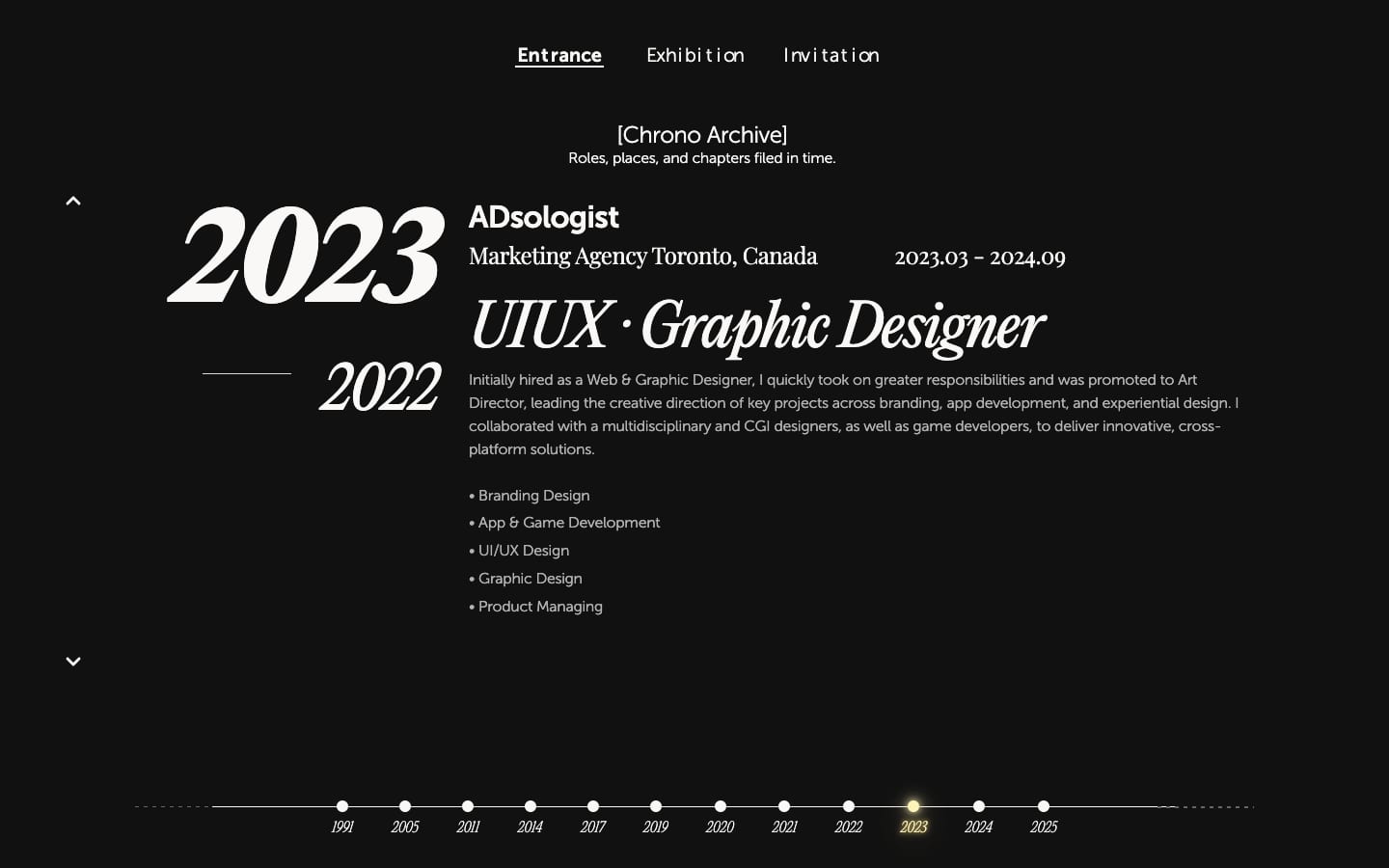 One chapter of the built archive filling the viewport: 2023 set large with 2022 beneath it, the ADsologist entry beside them, and a year rail from 1991 to 2025 along the bottom with a warm glow falling from the active dot