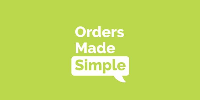 The Orders Made Simple logo: the words Orders Made Simple in white on a lime green field, with Simple reversed out inside a white speech bubble