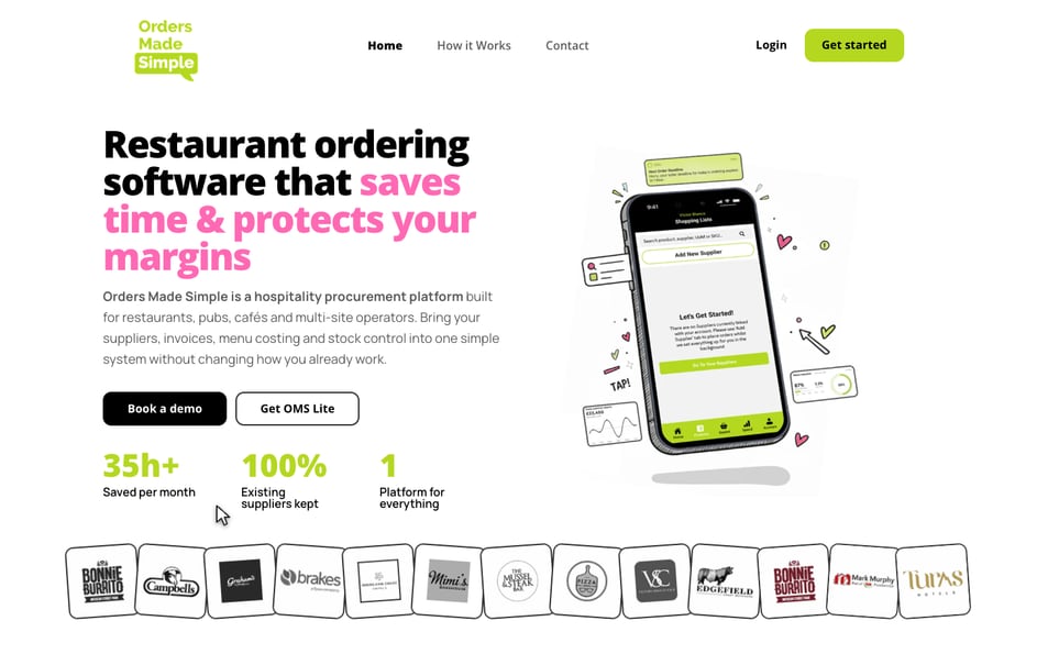 Orders Made Simple homepage after the redesign: the headline Restaurant ordering software that saves time and protects your margins beside an illustrated phone running the app, over a row of hospitality client logos