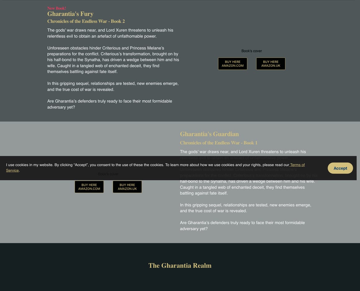 The archived 2024 site: a dark single-column page where Gharantia's Fury and Gharantia's Guardian are each introduced by four paragraphs of text with Buy here buttons for Amazon, and captioned gaps stand where the book covers failed to archive