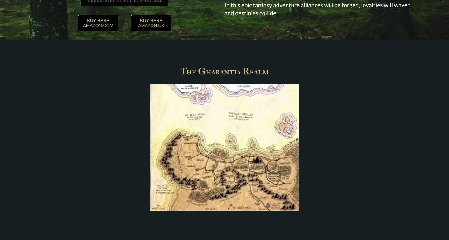 The realm on the 2024 site: the heading The Gharantia Realm above a small parchment map shown as a flat image on a dark background